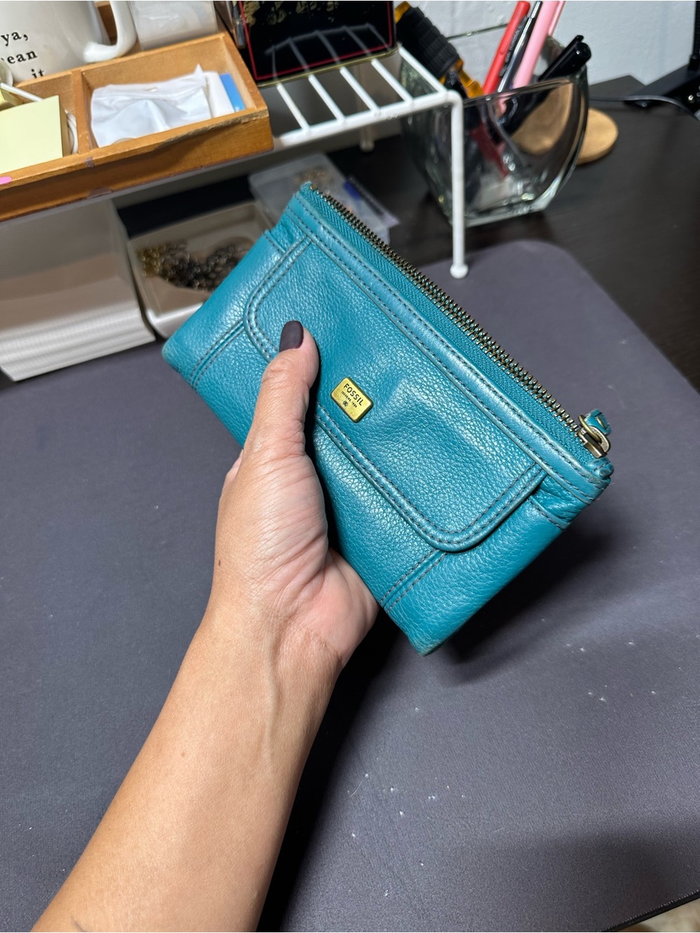 Fossil Turquoise Pebbled Leather Zip Wallet